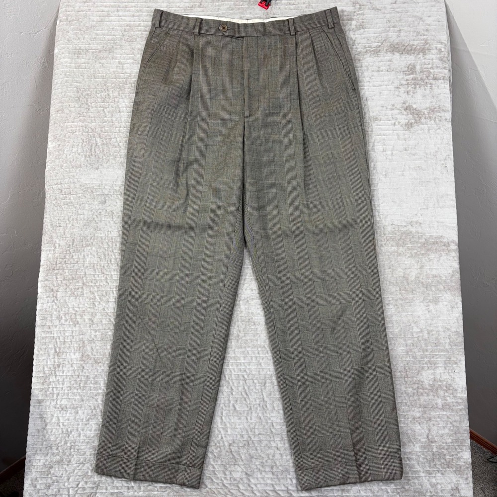 Brooks Brothers 346 Wool Cashmere Glen Plaid Pleated Cuffed Dress Pants 35x30